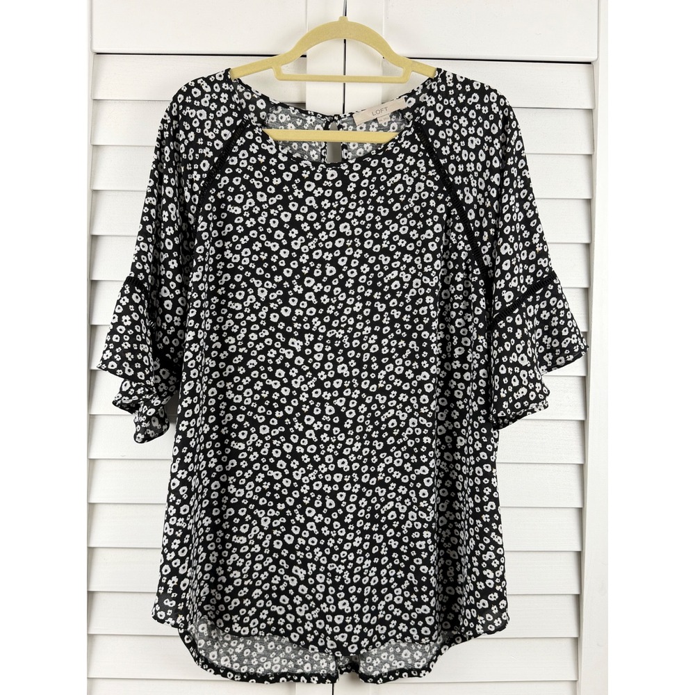Loft Blouse Women XXL Black Floral Bell Sleeve Crochet Trim